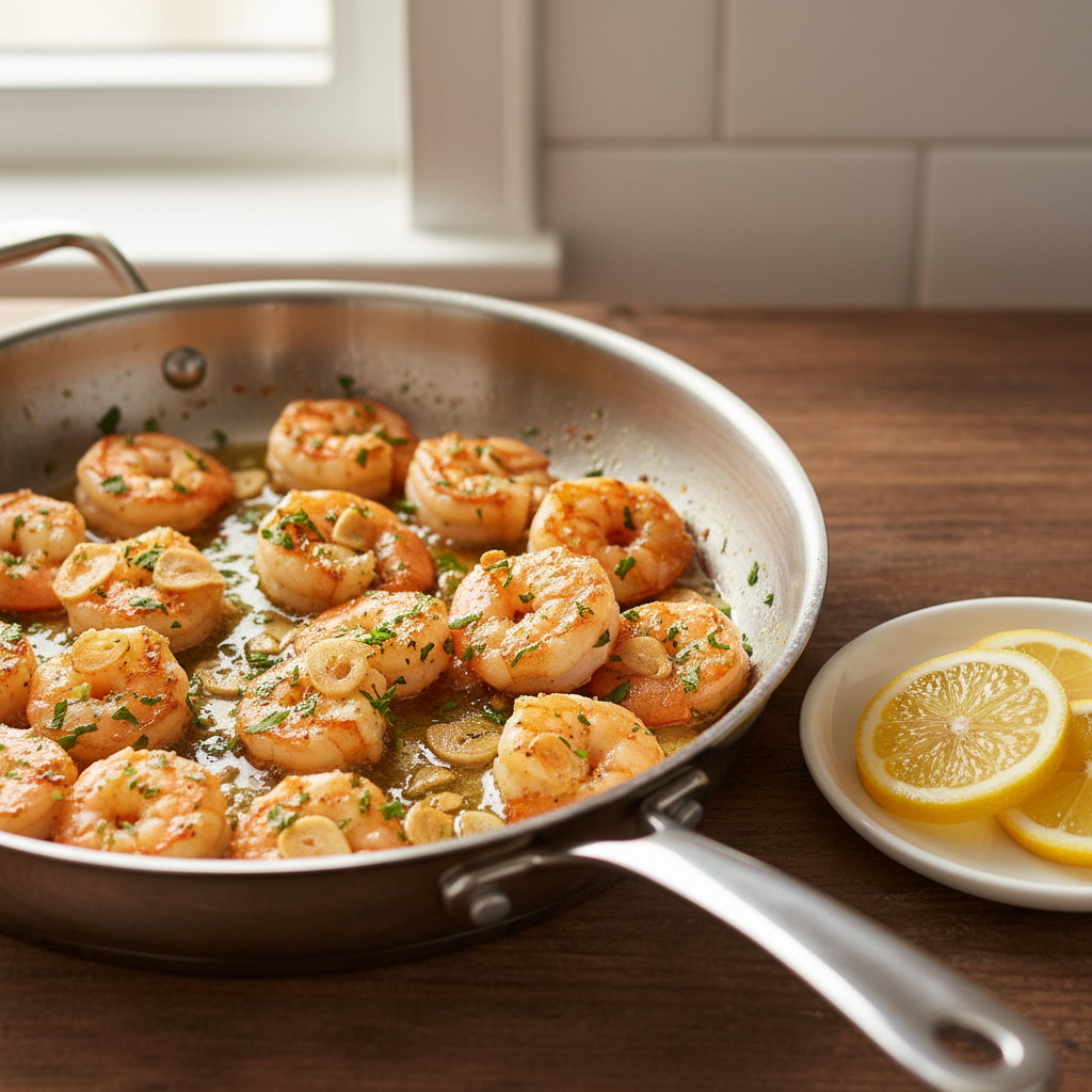 Garlic butter shrimp cooking in a skillet with fresh parsley and lemon wedges