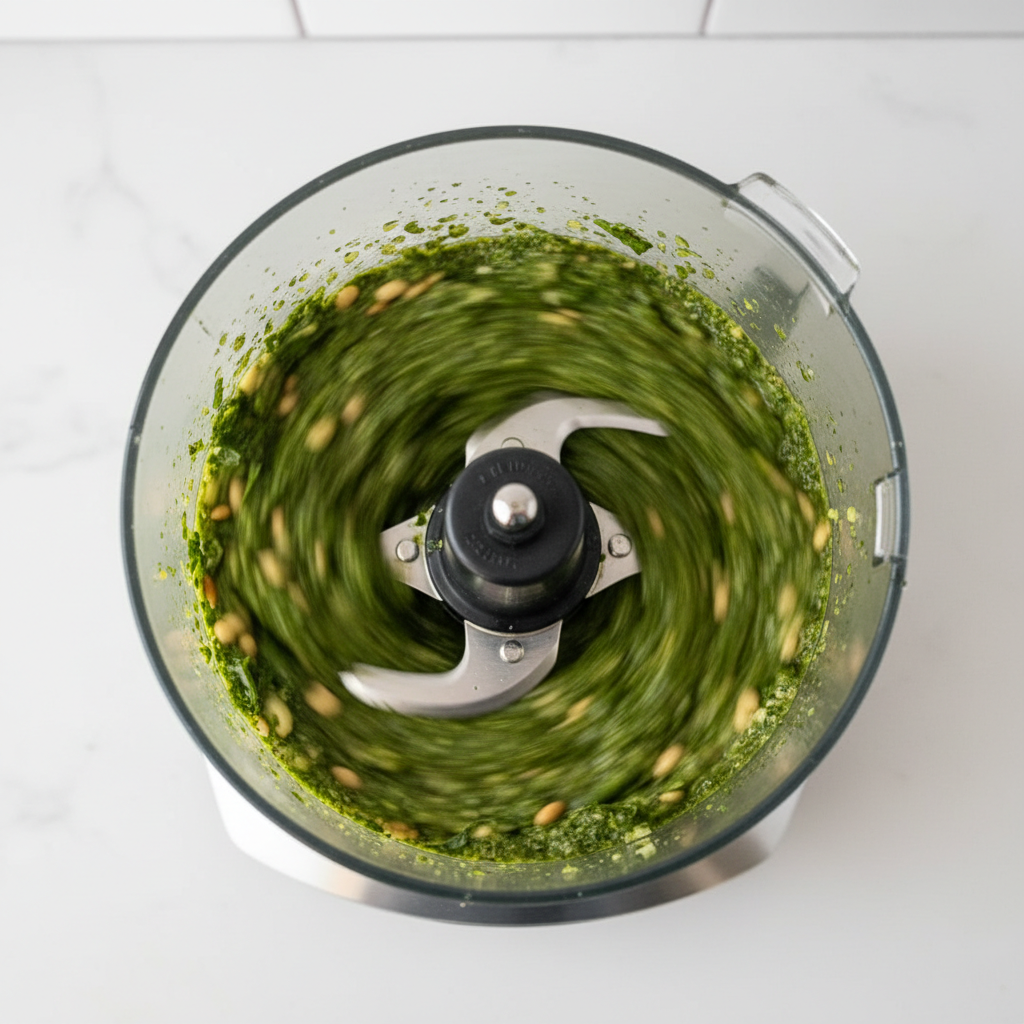 Food processor blending fresh basil pesto to a smooth, bright green sauce