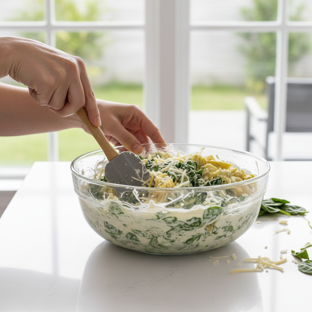 Mixing spinach artichoke dip ingredients in a bowl before baking