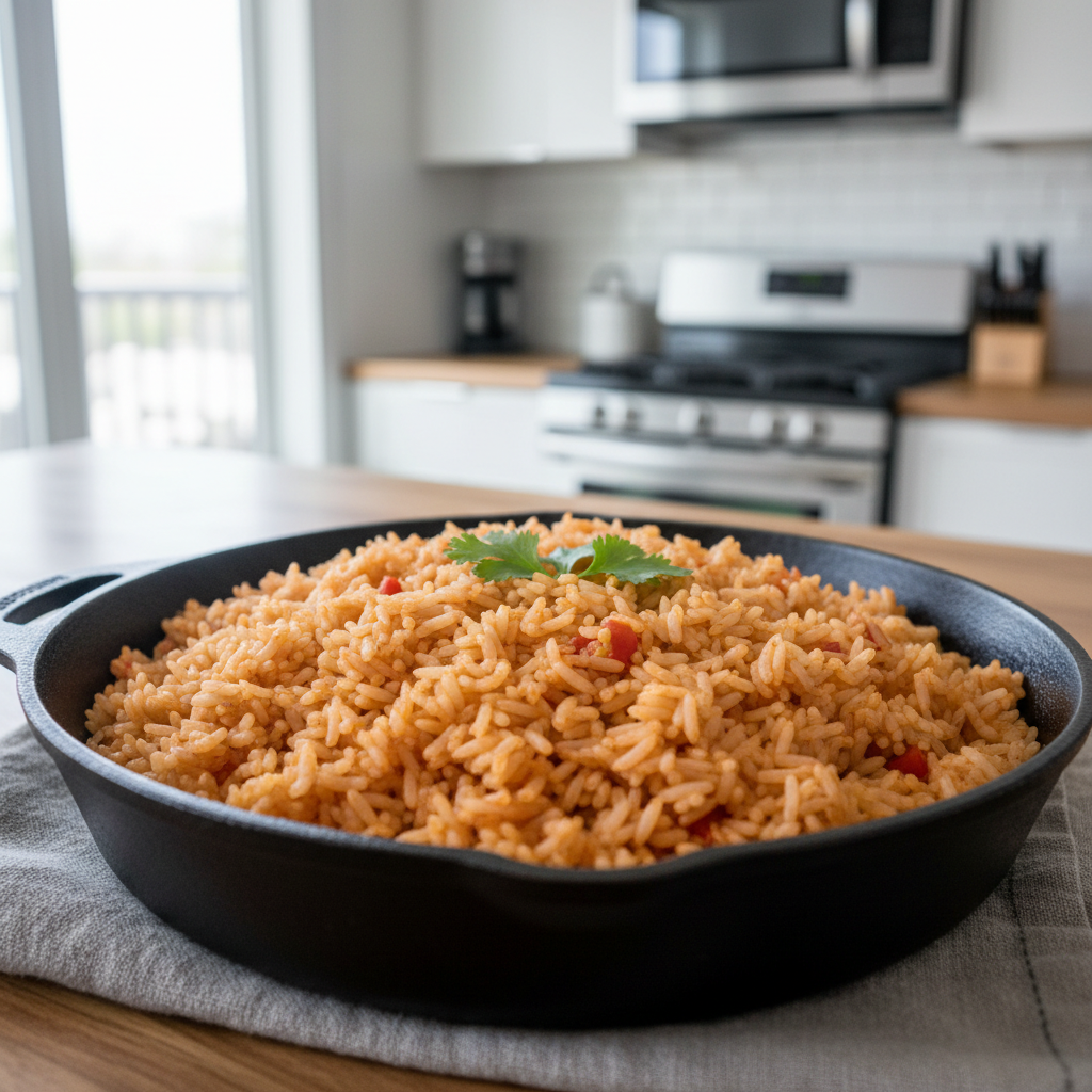 Fluffy restaurant-style Mexican rice in a skillet with tomato base