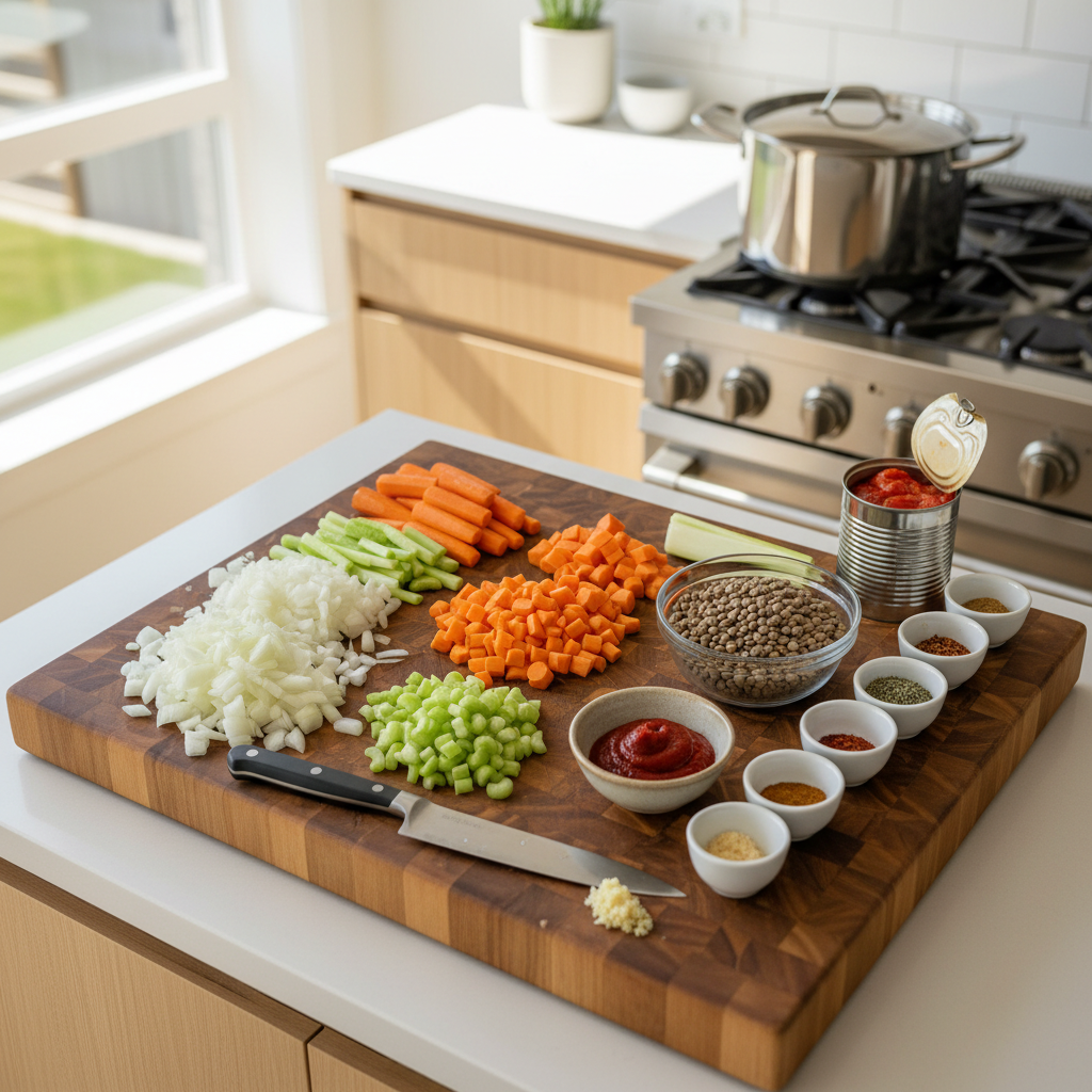 Vegan lentil soup ingredients prepped on a cutting board