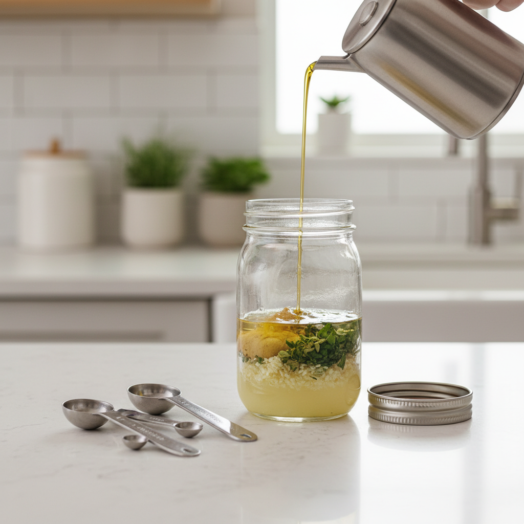 Mason jar with homemade vinaigrette ingredients for salad dressing