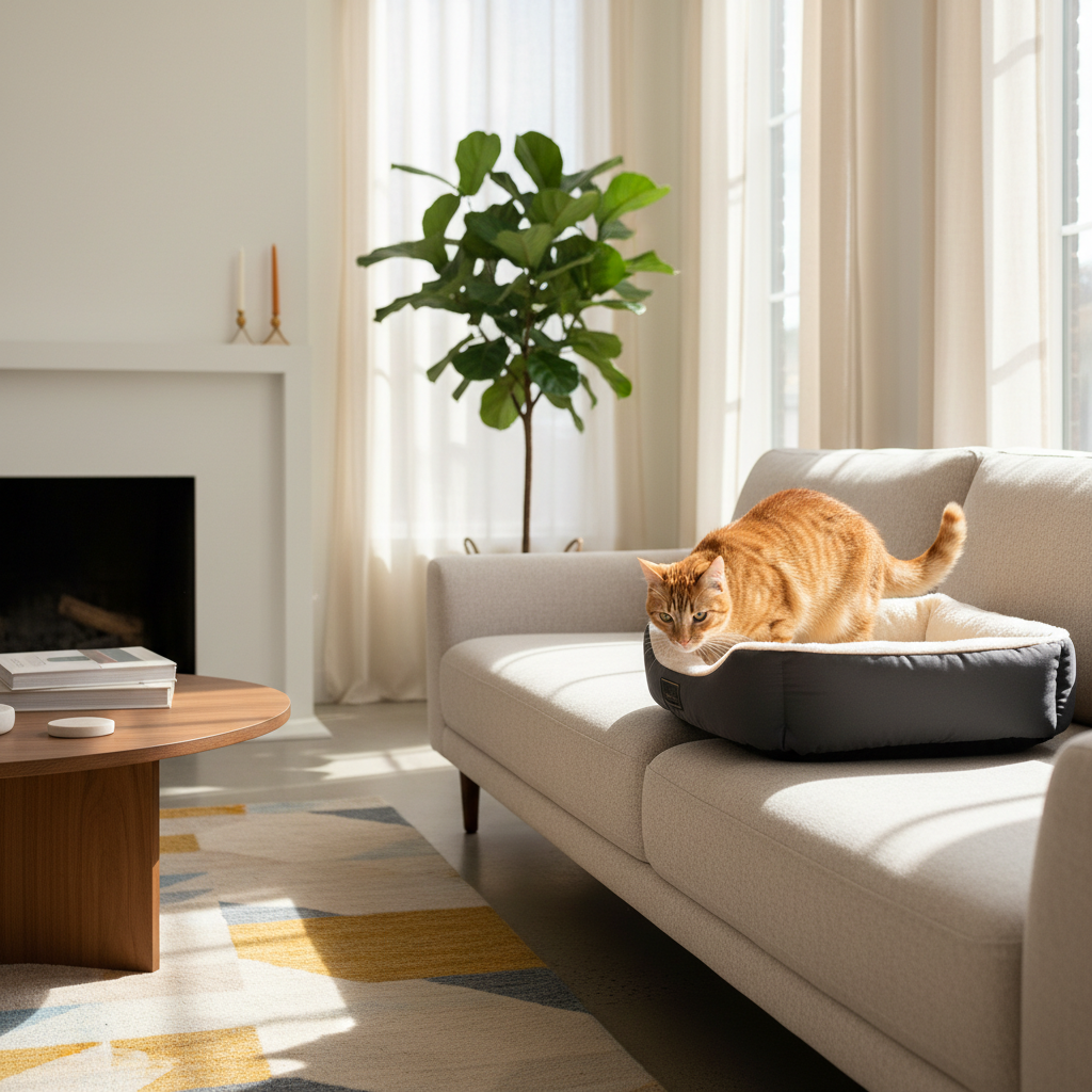 Self-warming cat bed placed on a sofa near a window for a cat to explore
