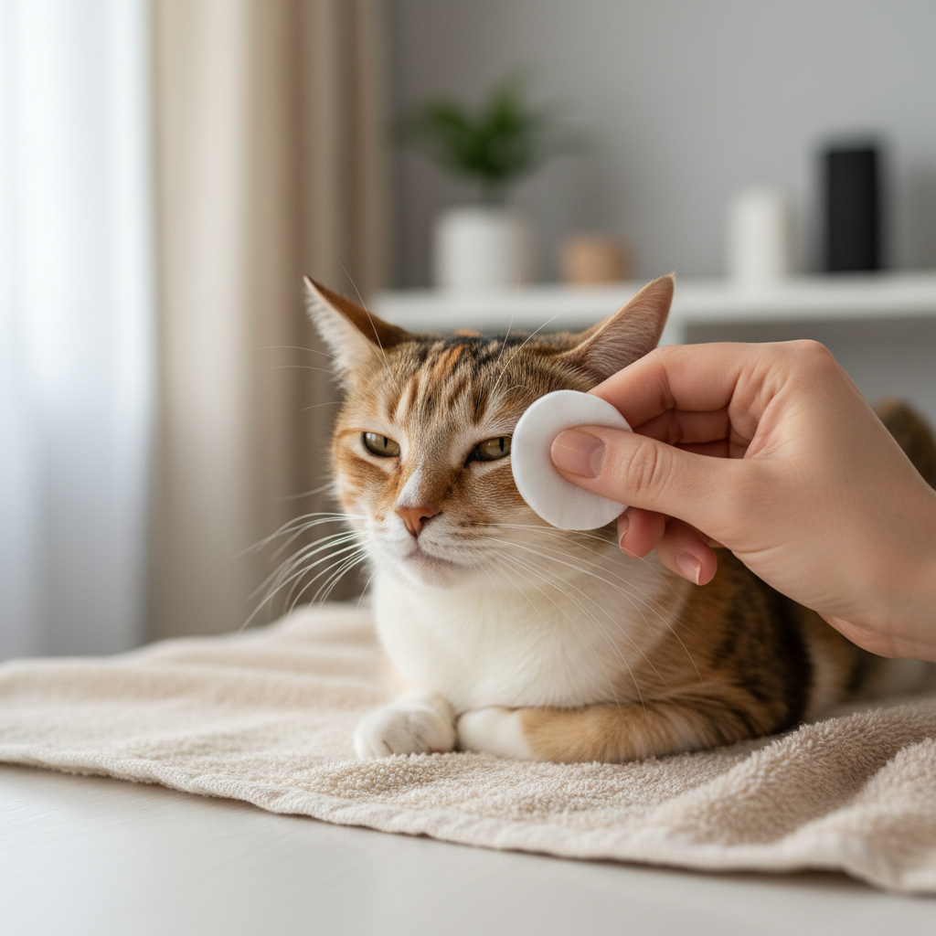 Person gently wiping cat eye discharge with cotton pad