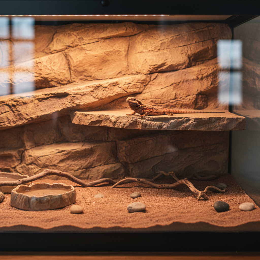 Realistic lizard terrarium with textured rock background and basking ledge