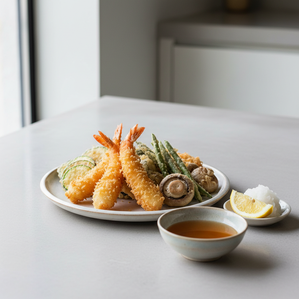 Assorted vegetable and shrimp tempura served with dipping sauce