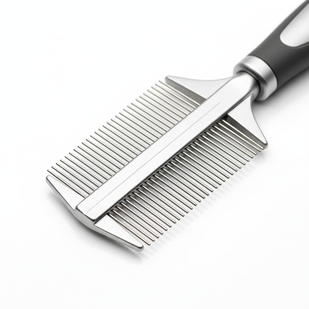 Double row cat flea comb close-up showing tight metal teeth for catching fleas