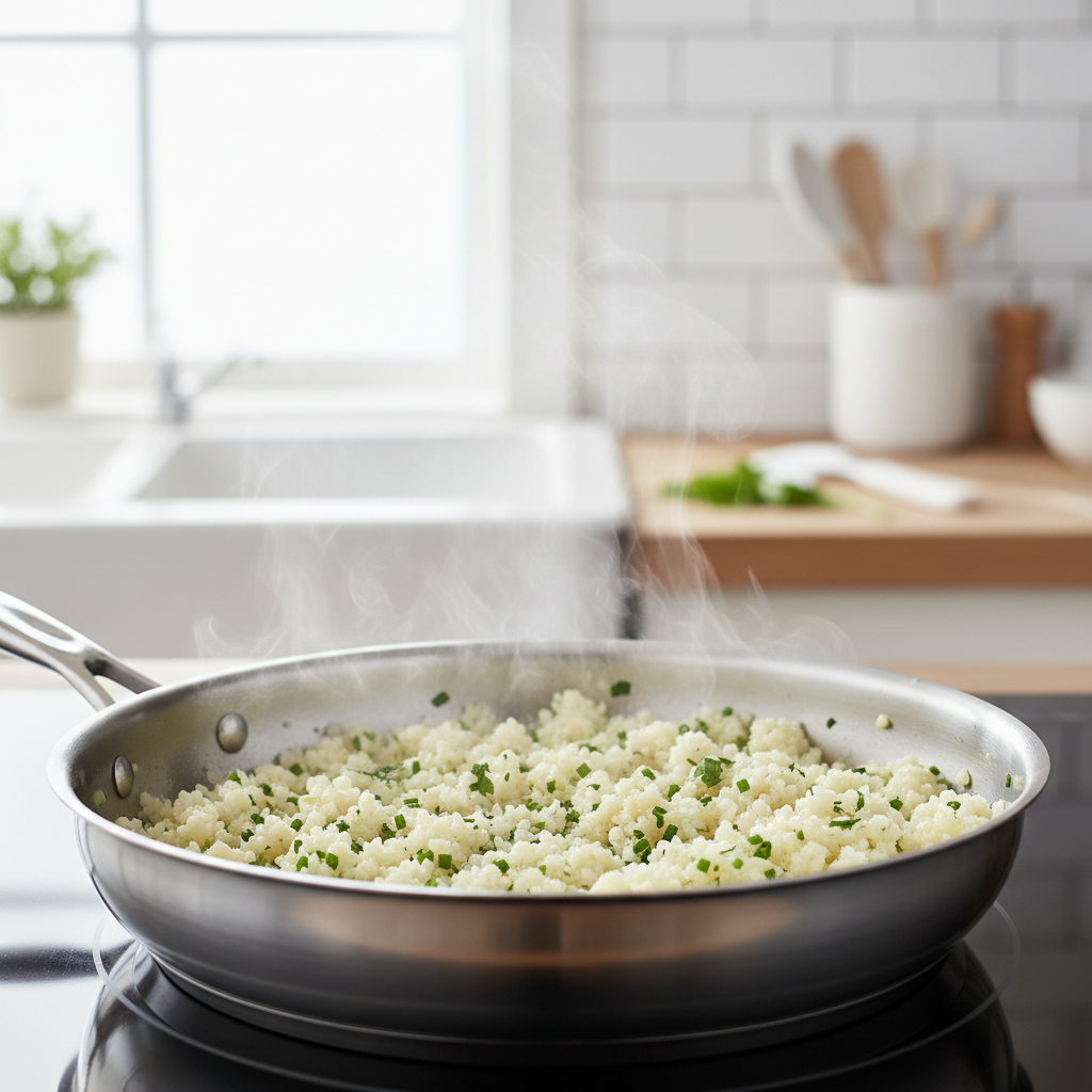 Fluffy cauliflower rice in a skillet with garlic and herbs