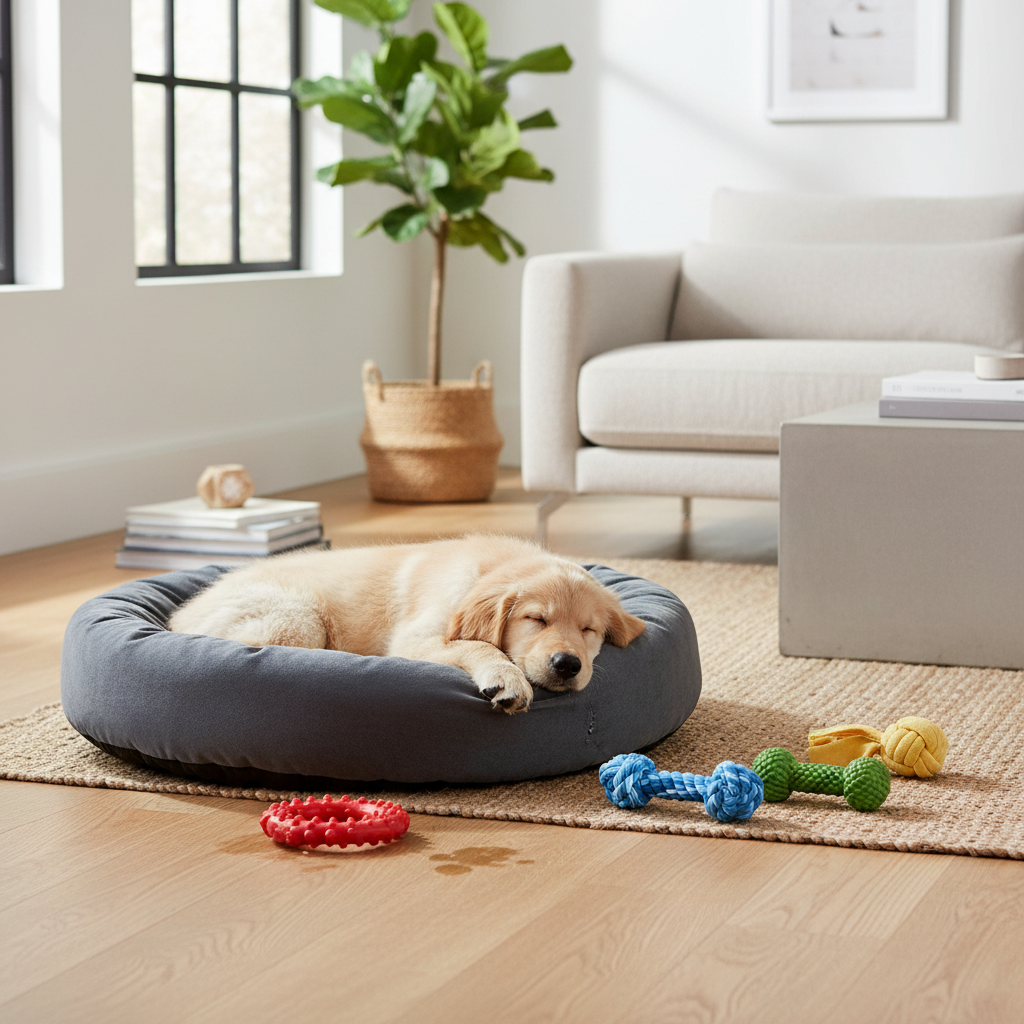 Puppy relaxing on a dog bed after chewing a teething ring, with other chew toys nearby