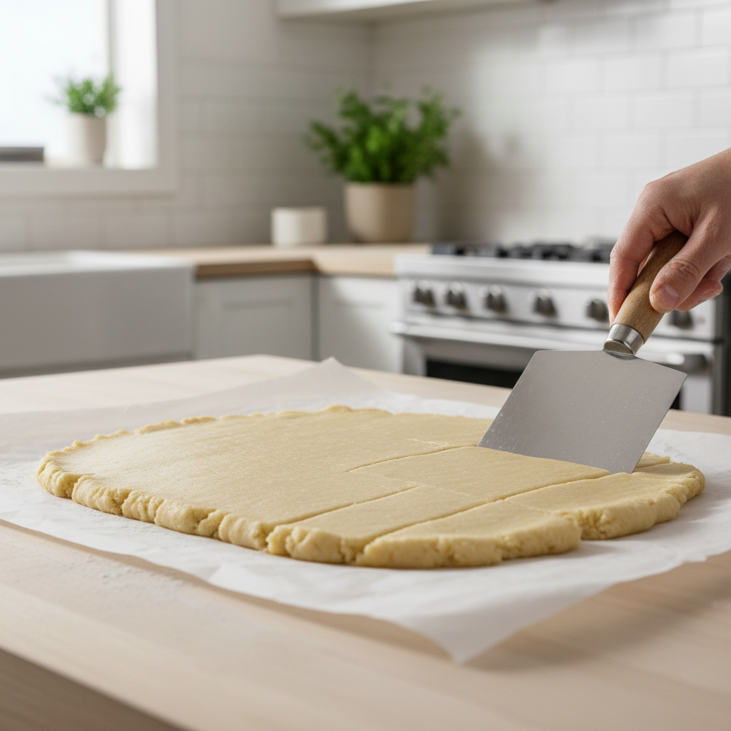 Simple shortbread dough being pressed and cut on parchment paper
