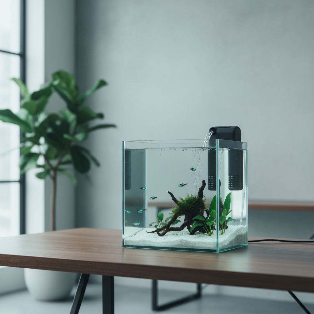 Quiet small aquarium filter setup on a desktop tank