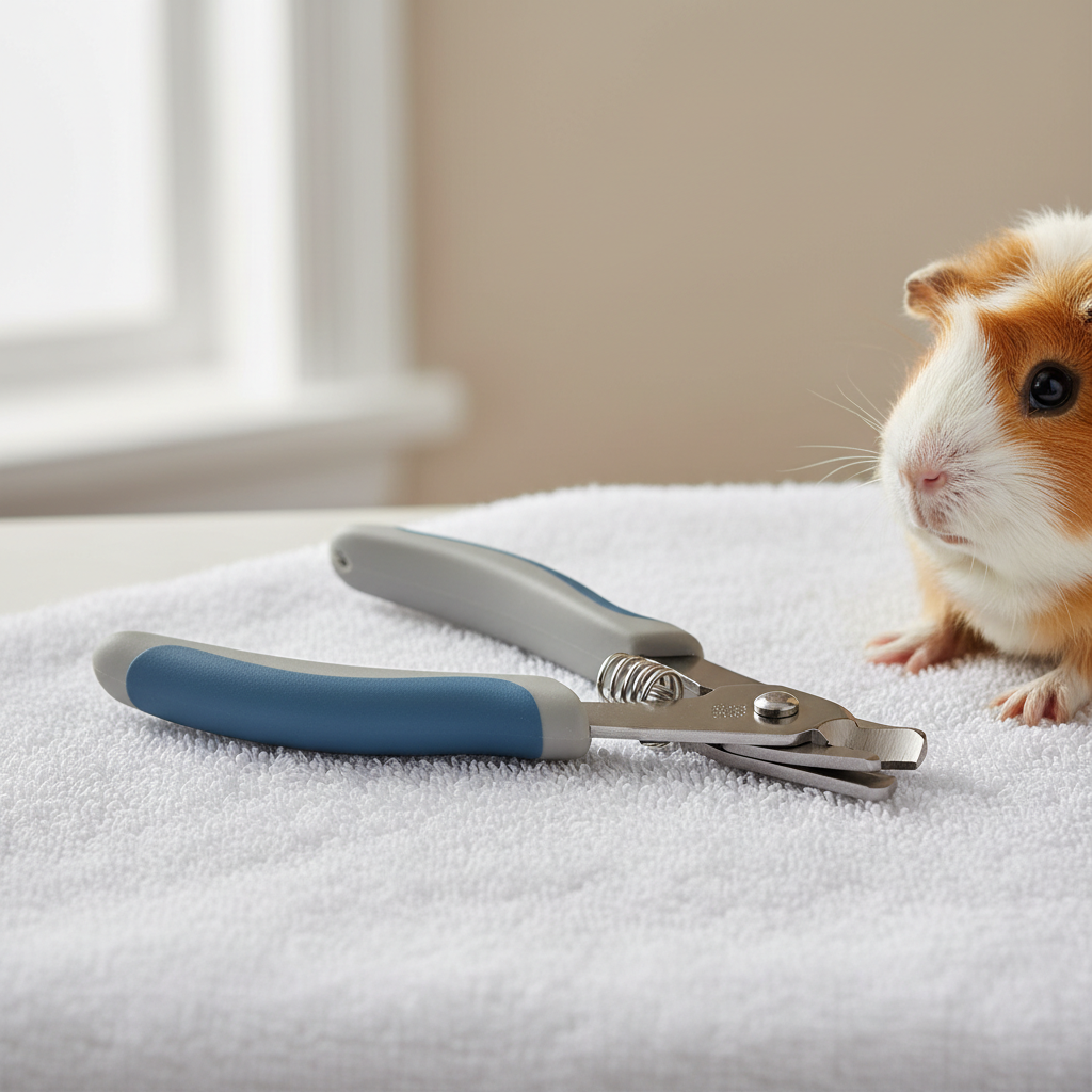 Small nail clipper next to guinea pig paw for safe trimming