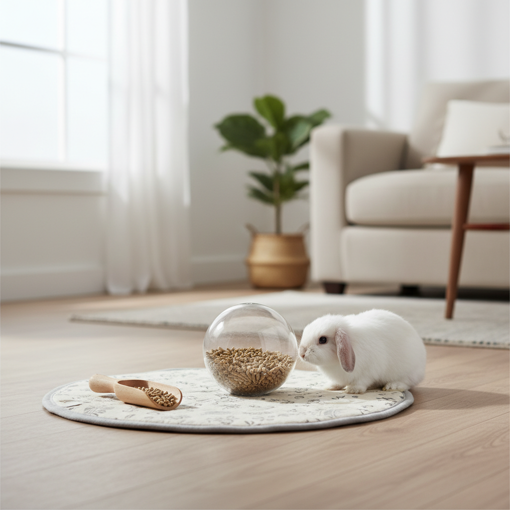 Rabbit treat ball feeding area set up on a mat with measured pellets