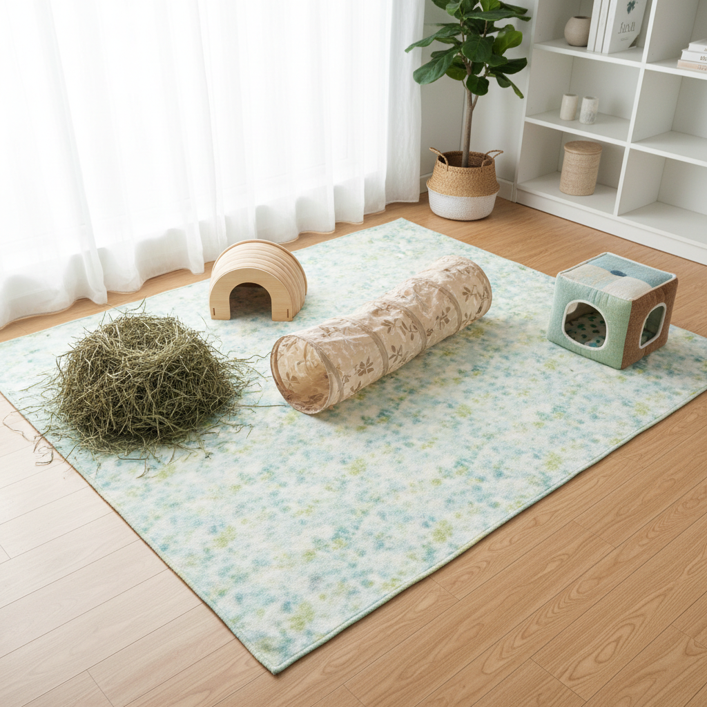 Guinea pig tunnel play setup with fleece, hay, and hideys arranged safely