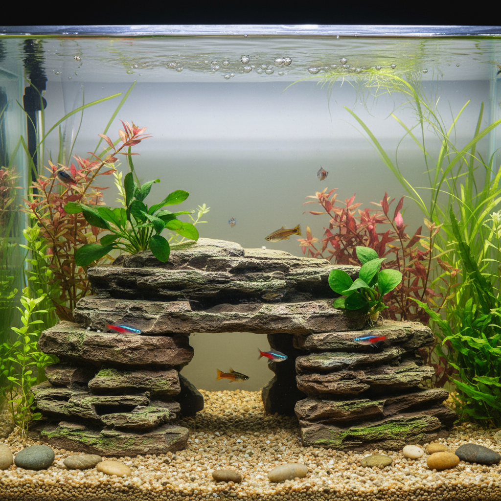 Aquarium rock cave decoration providing a hiding spot for fish