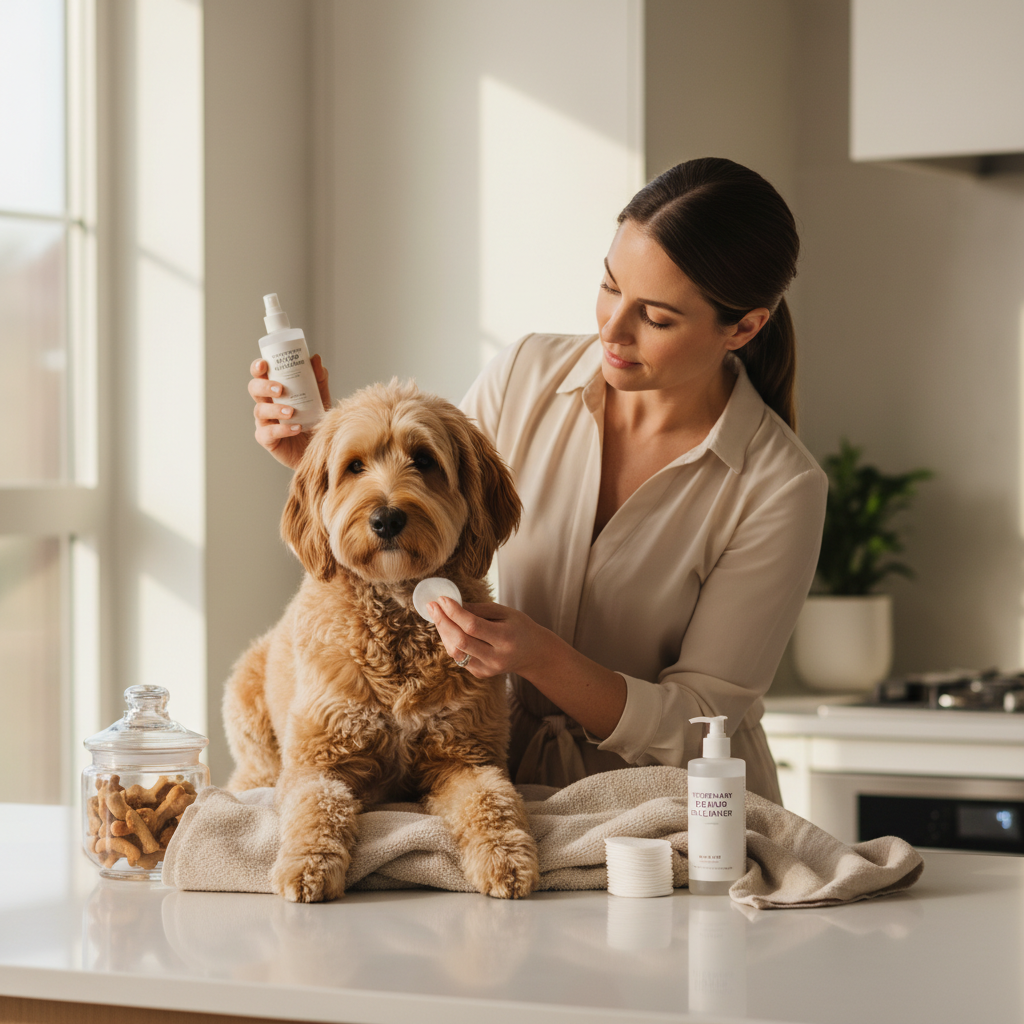 Owner preparing supplies to clean dog ears gently at home
