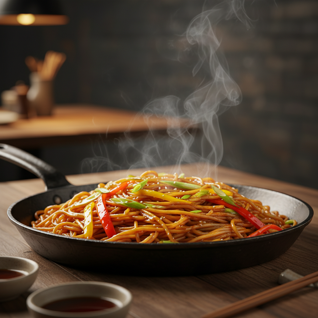 Stir-fried noodles in a skillet with vegetables and glossy sauce