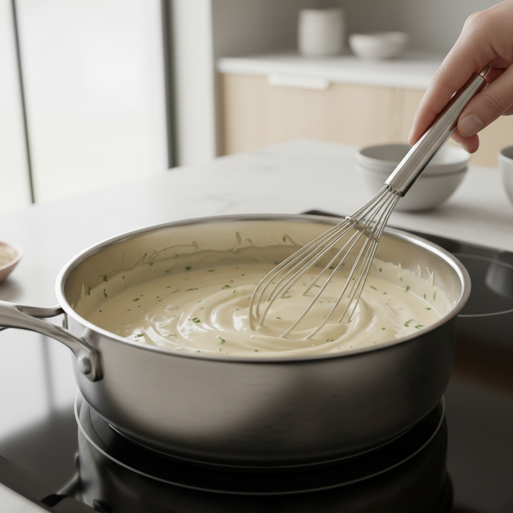 Silky creamy Alfredo sauce in a saucepan with a whisk