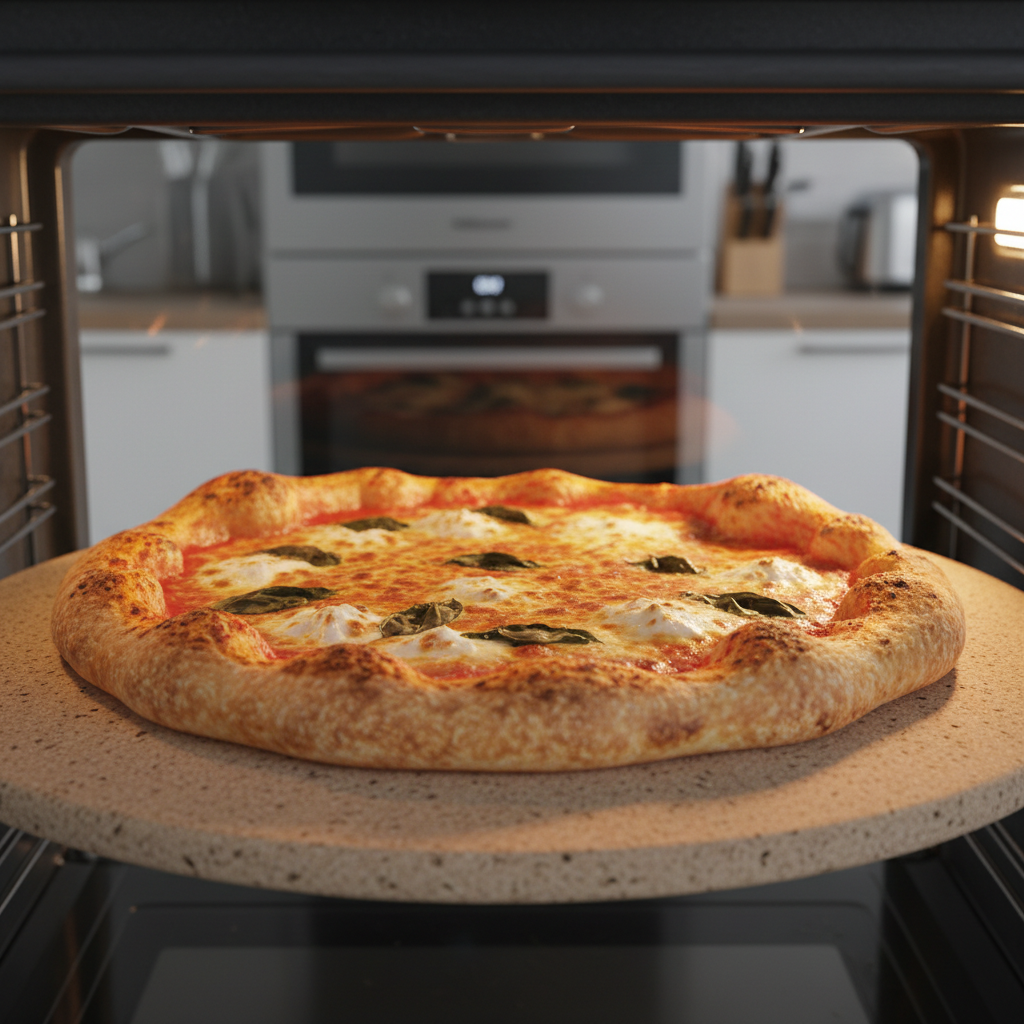 Margherita pizza baking on a pizza stone in a hot home oven