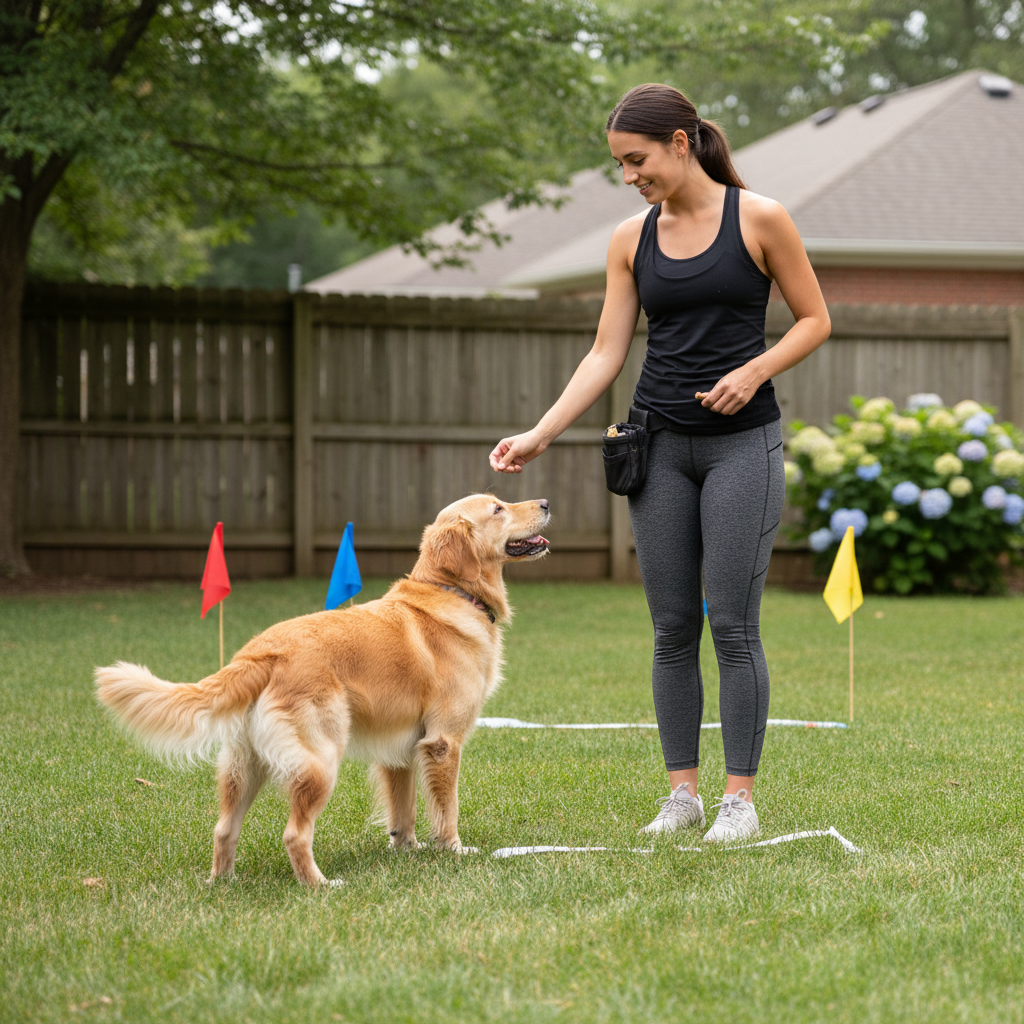 Owner rewarding a dog for turning away from the boundary during fence collar training