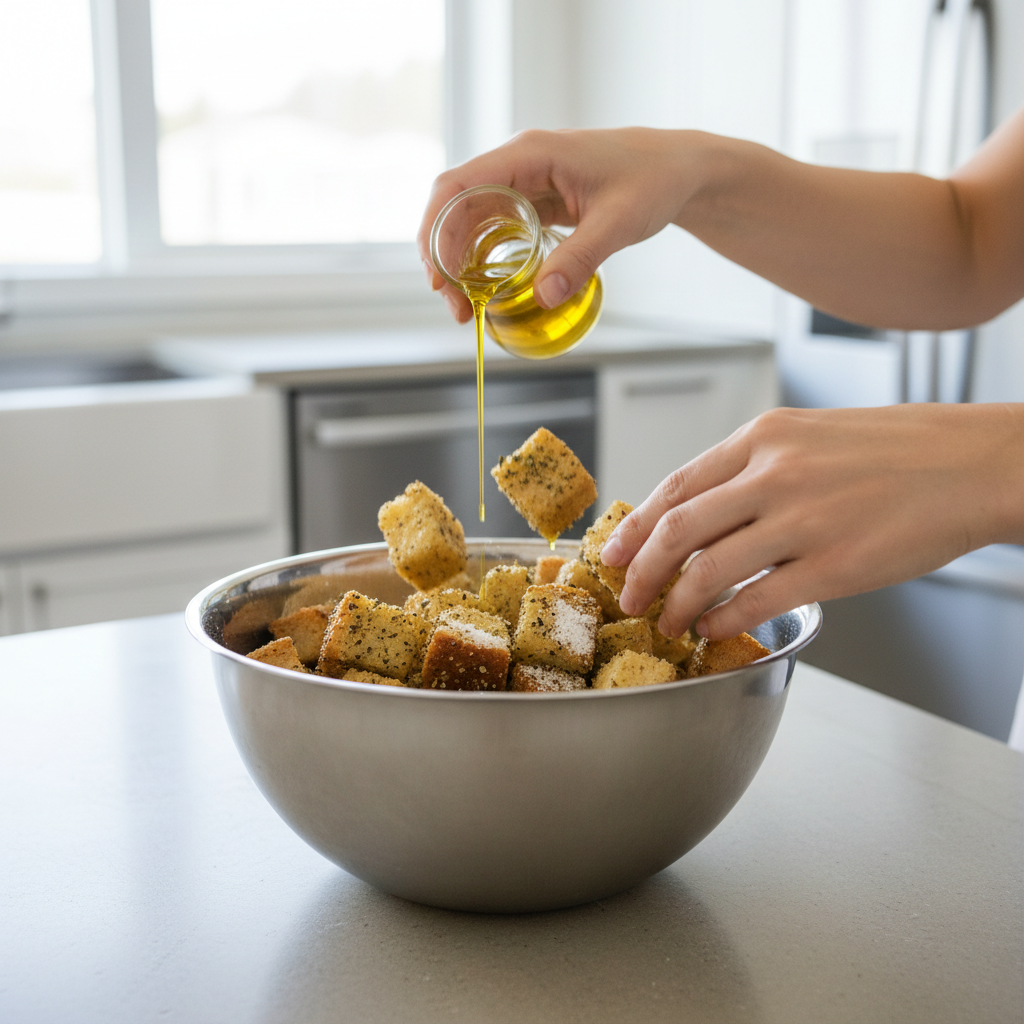 Tossing seasoned bread cubes for homemade croutons in a mixing bowl
