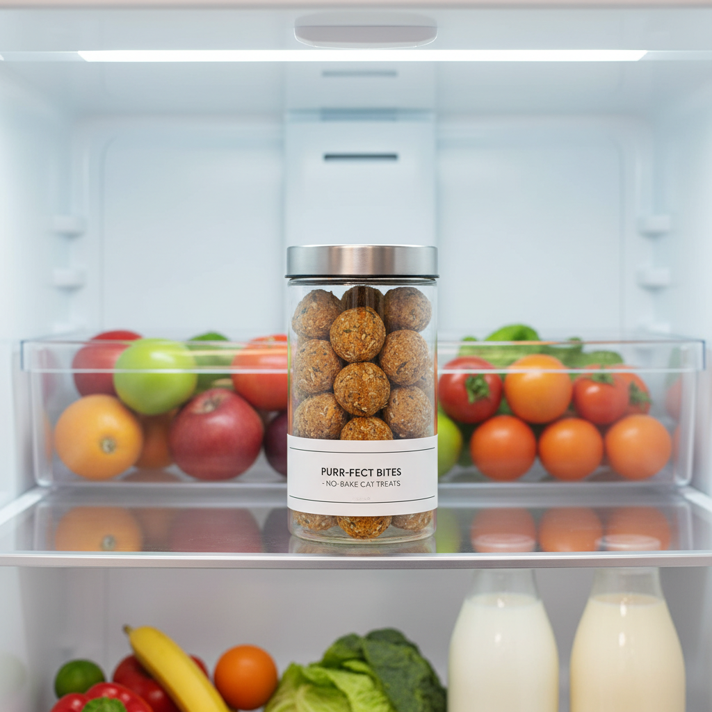 Airtight container with no-bake homemade cat treats stored in the refrigerator