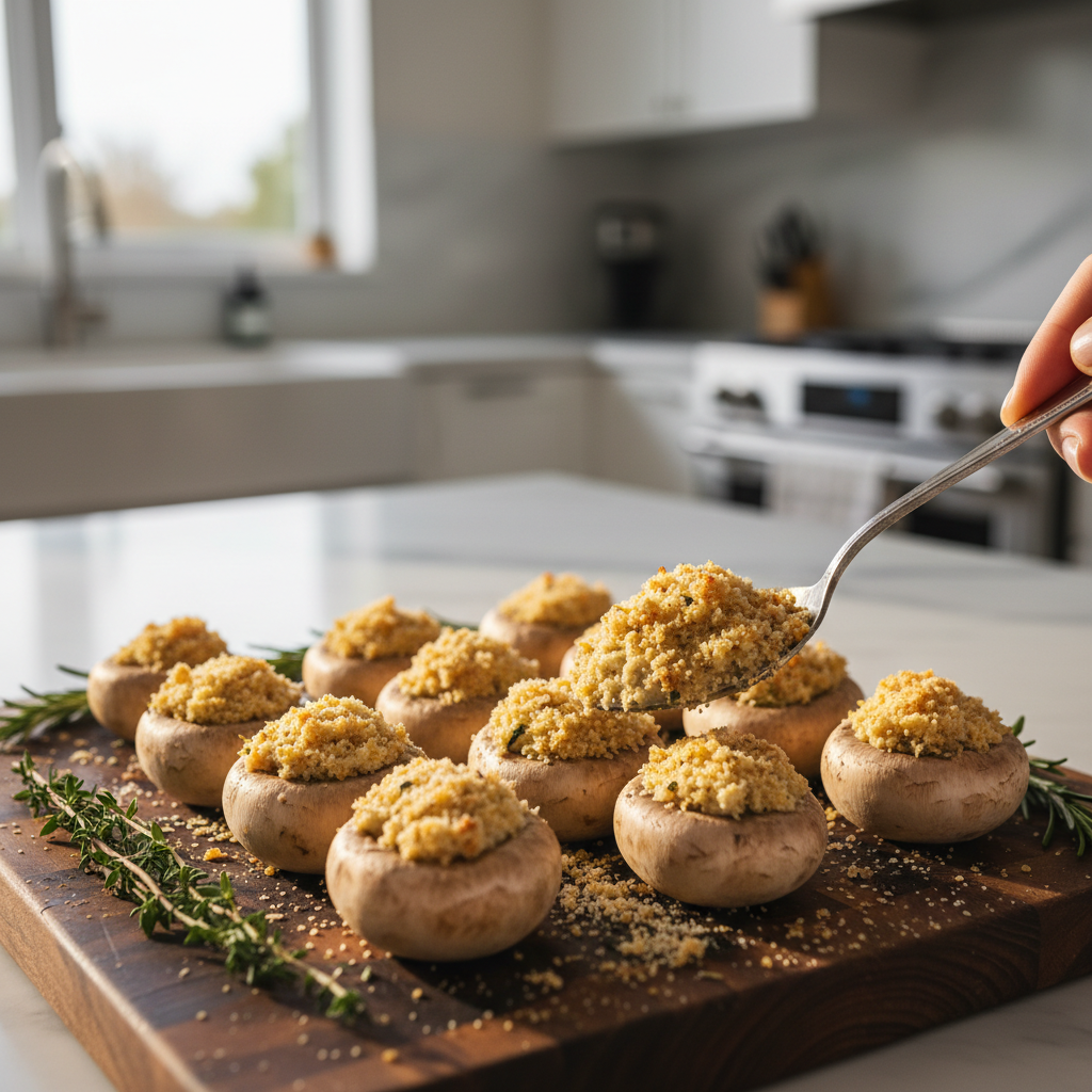 Stuffed mushrooms being filled with a spoon, creamy breadcrumb mixture