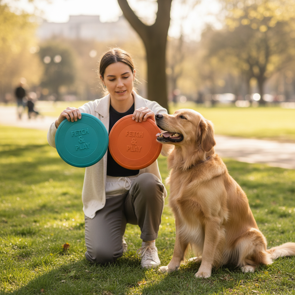 Owner choosing the right soft rubber dog frisbee size for a medium dog