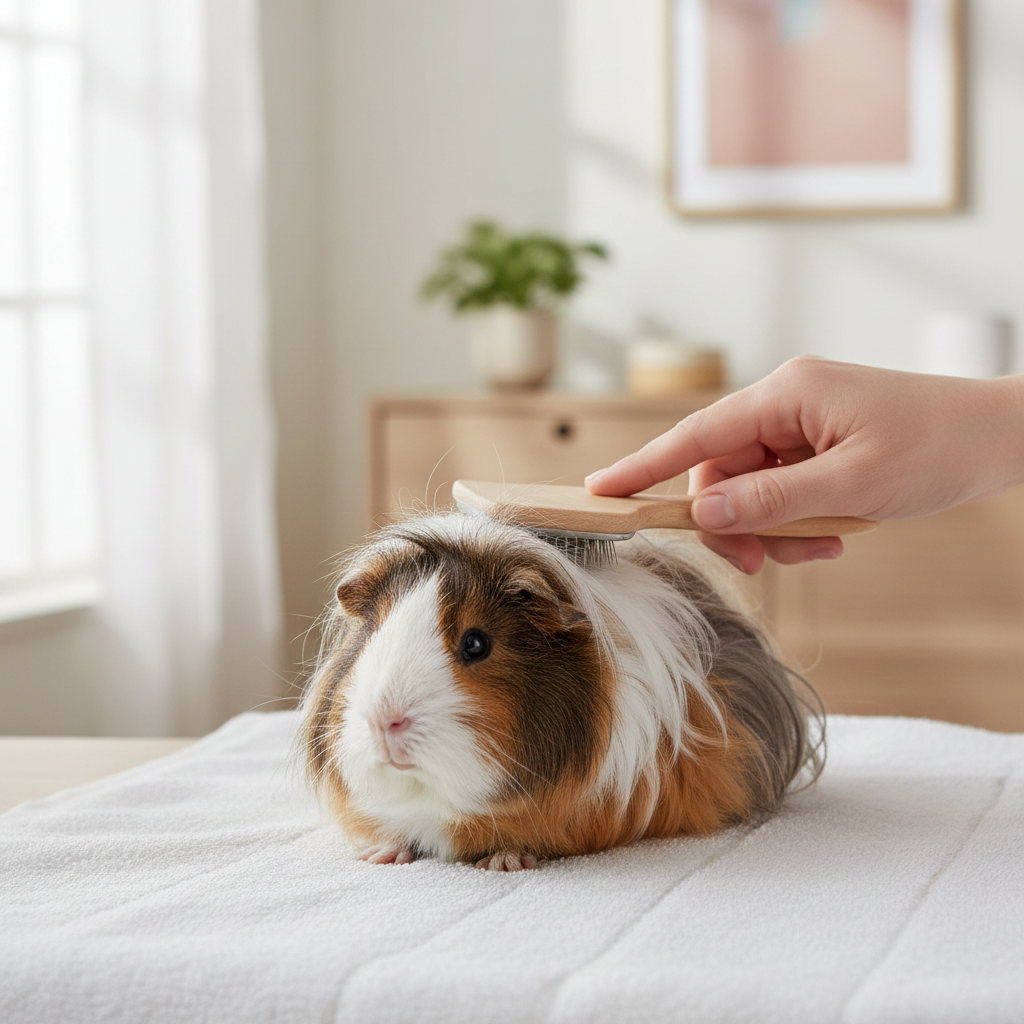 Long-haired guinea pig being gently brushed with a soft grooming brush