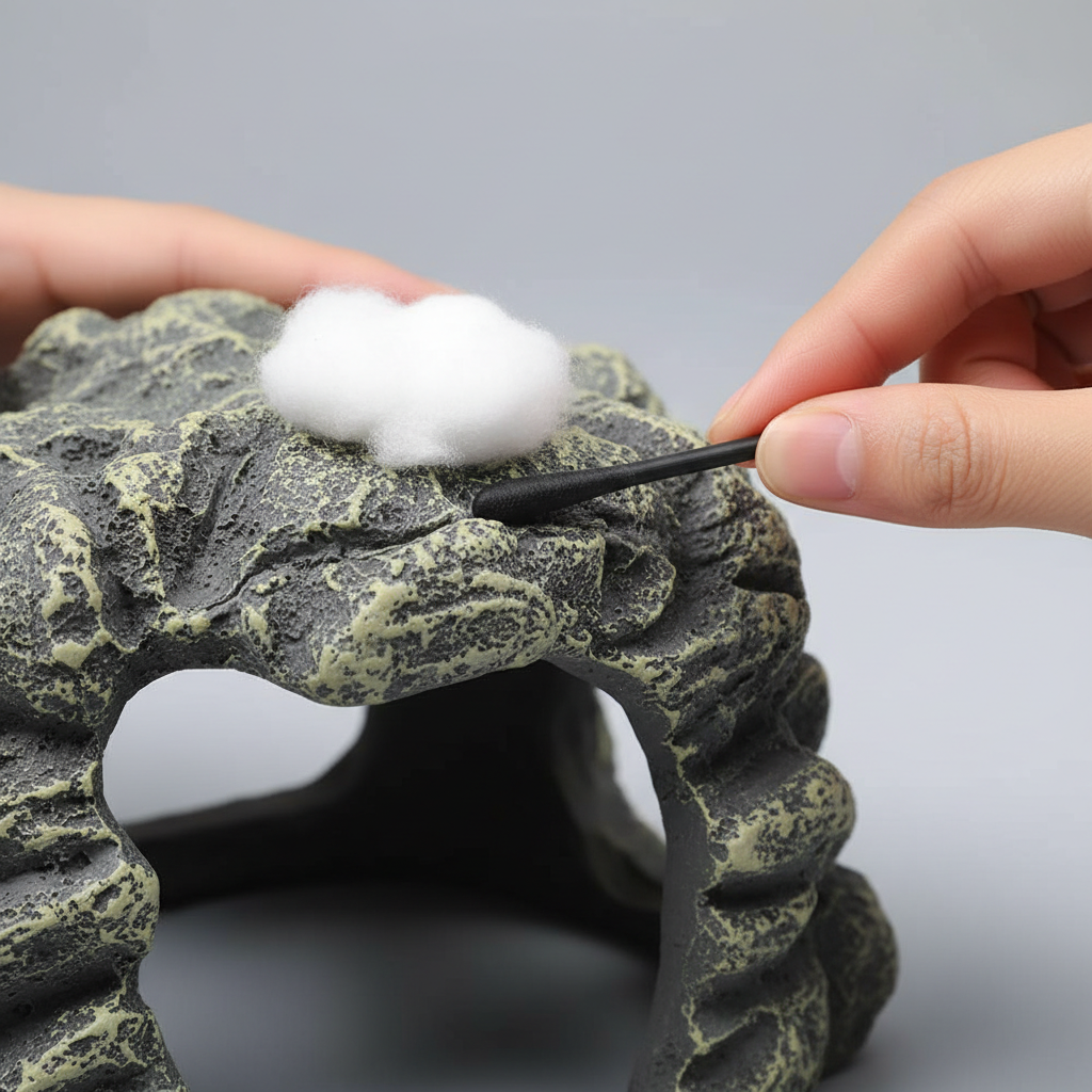 Hands checking aquarium rock cave edges for sharp seams and safe openings