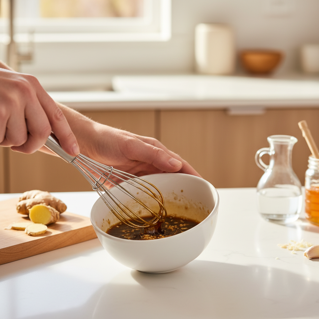 Stir-fry sauce being whisked with soy sauce, vinegar, and honey