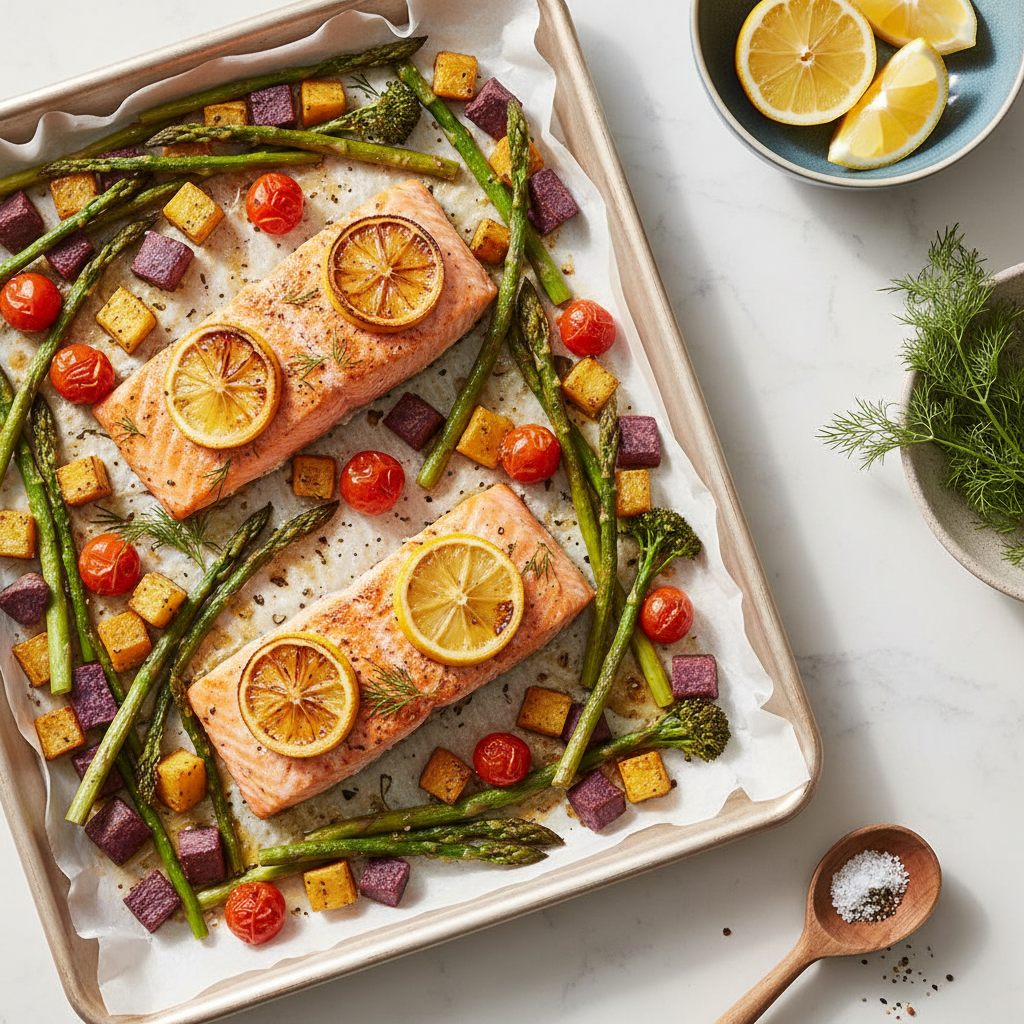 Healthy baked salmon on a sheet pan with lemon and herbs