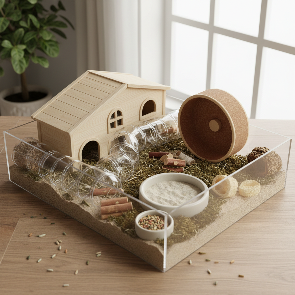 Organized hamster enclosure layout with wooden hideout, wheel, sand bath, and chew toys