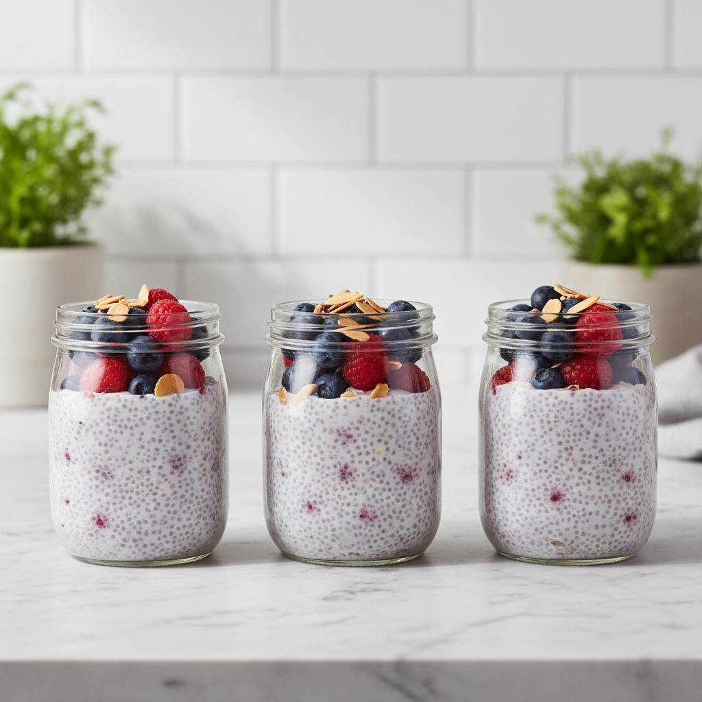 Vegan chia pudding in glass jars with berries and nuts for meal prep