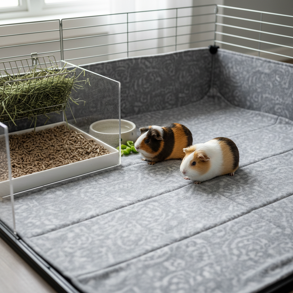 Low-dust guinea pig cage with fleece liner and a pellet kitchen area