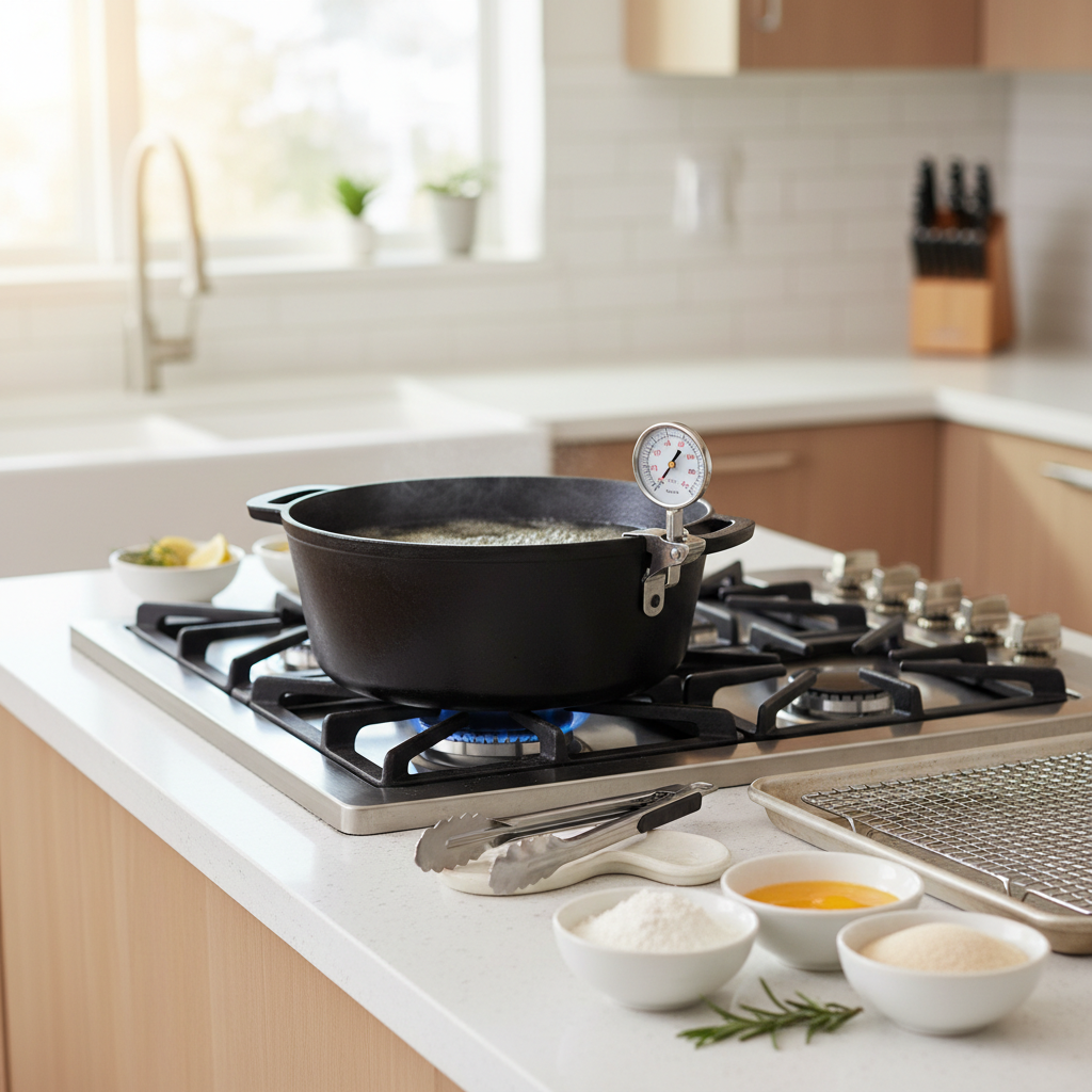 Home frying setup with thermometer, pot, and wire rack for crispy fried food