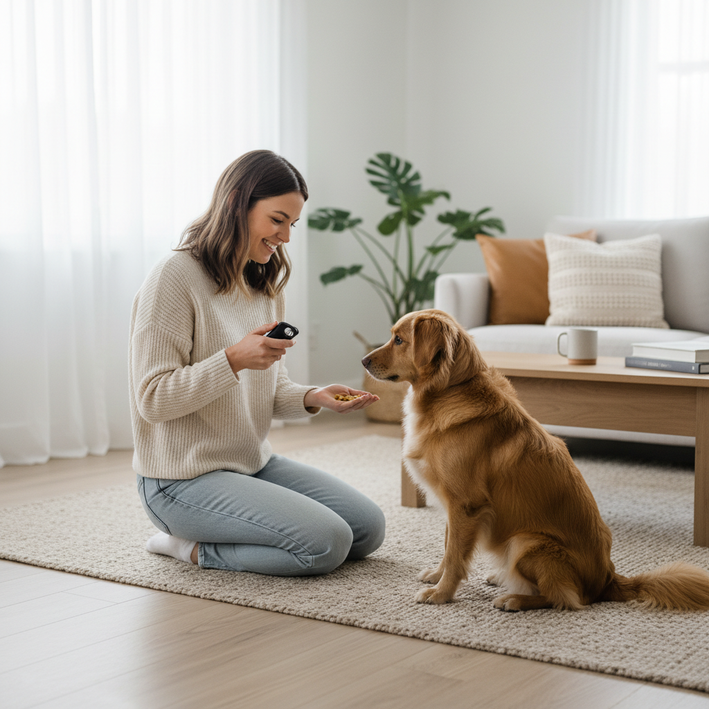 Dog owner holding a clicker and treats during positive reinforcement training at home