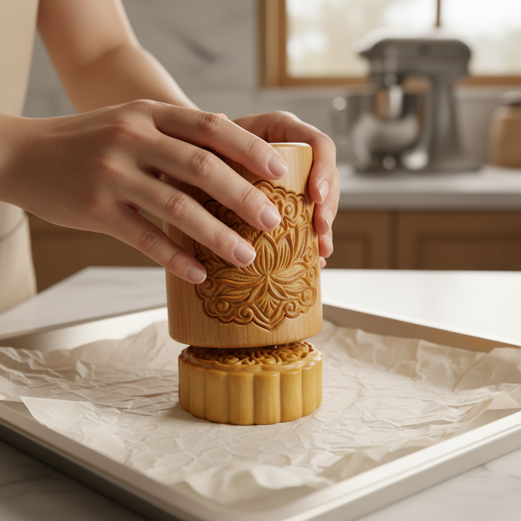 Hand pressing a mooncake mold on a parchment-lined baking tray