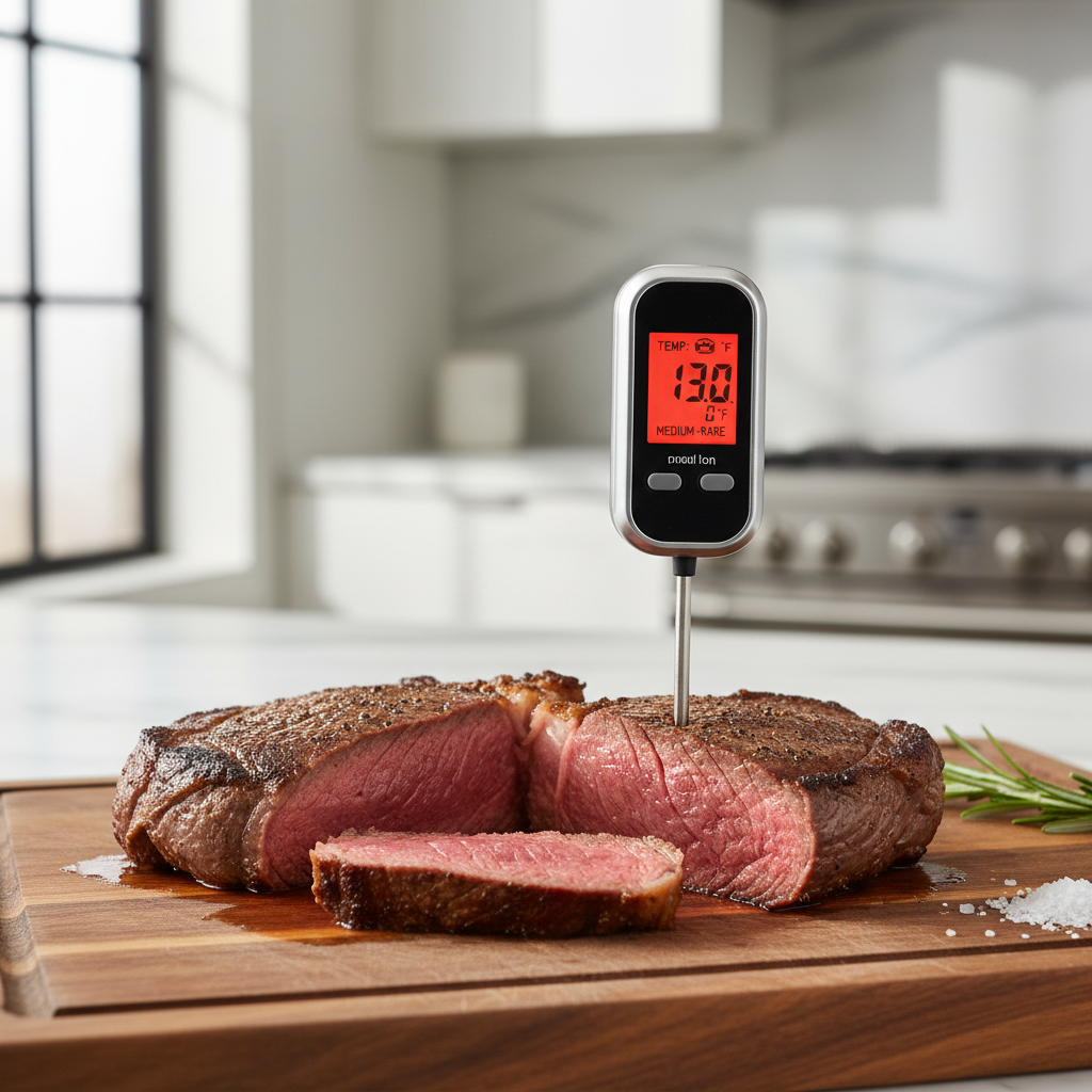 Instant-read thermometer checking steak internal temperature on cutting board