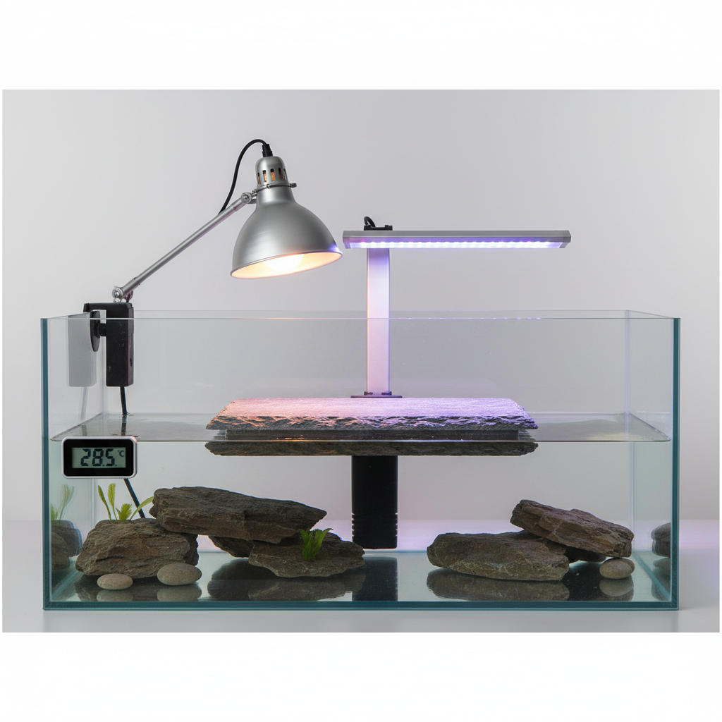 Well-lit turtle basking area with floating platform centered under heat lamp and UVB bar