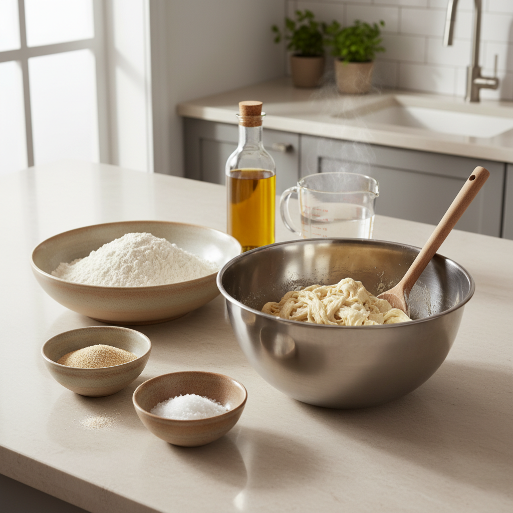 Homemade pizza dough and simple crust ingredients on a kitchen counter