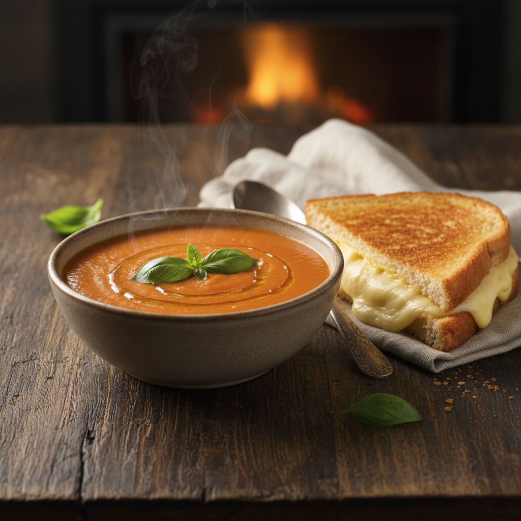 Roasted tomato soup with grilled cheese on a table