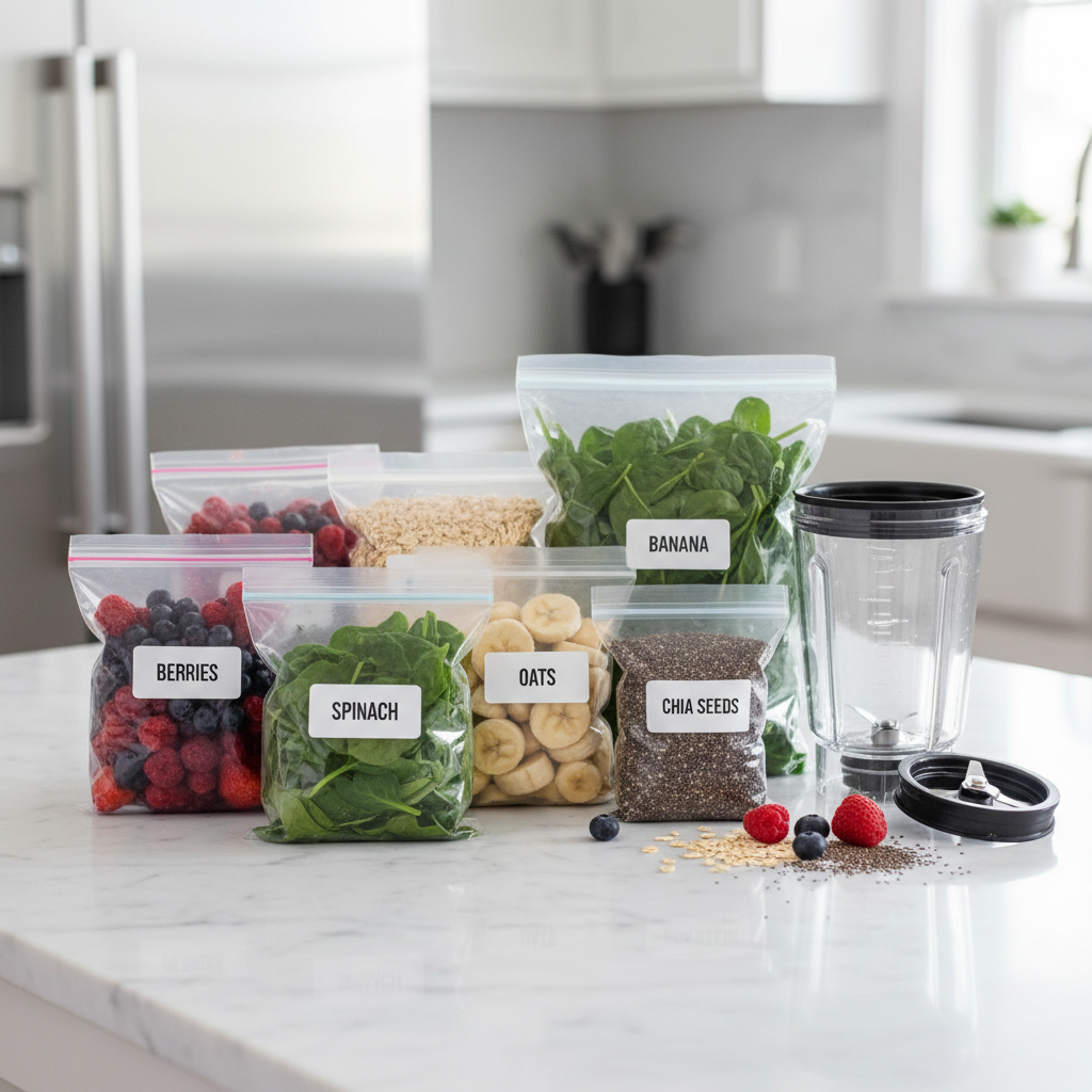 Meal-prep smoothie freezer packs in labeled bags