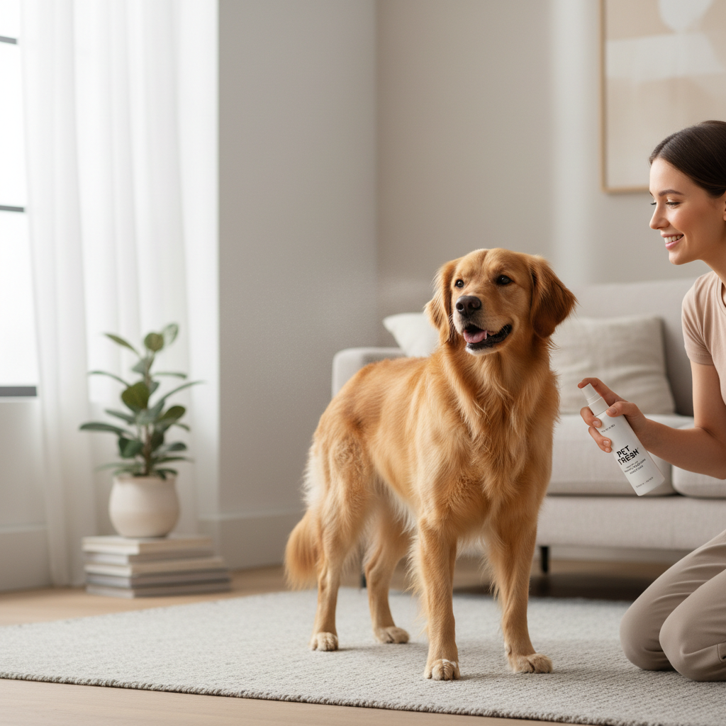 Owner using a waterless pet dry bath spray on a dog at home