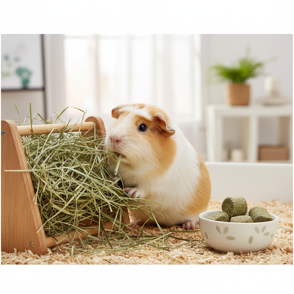 Guinea pig eating timothy hay while a small cube portion sits nearby