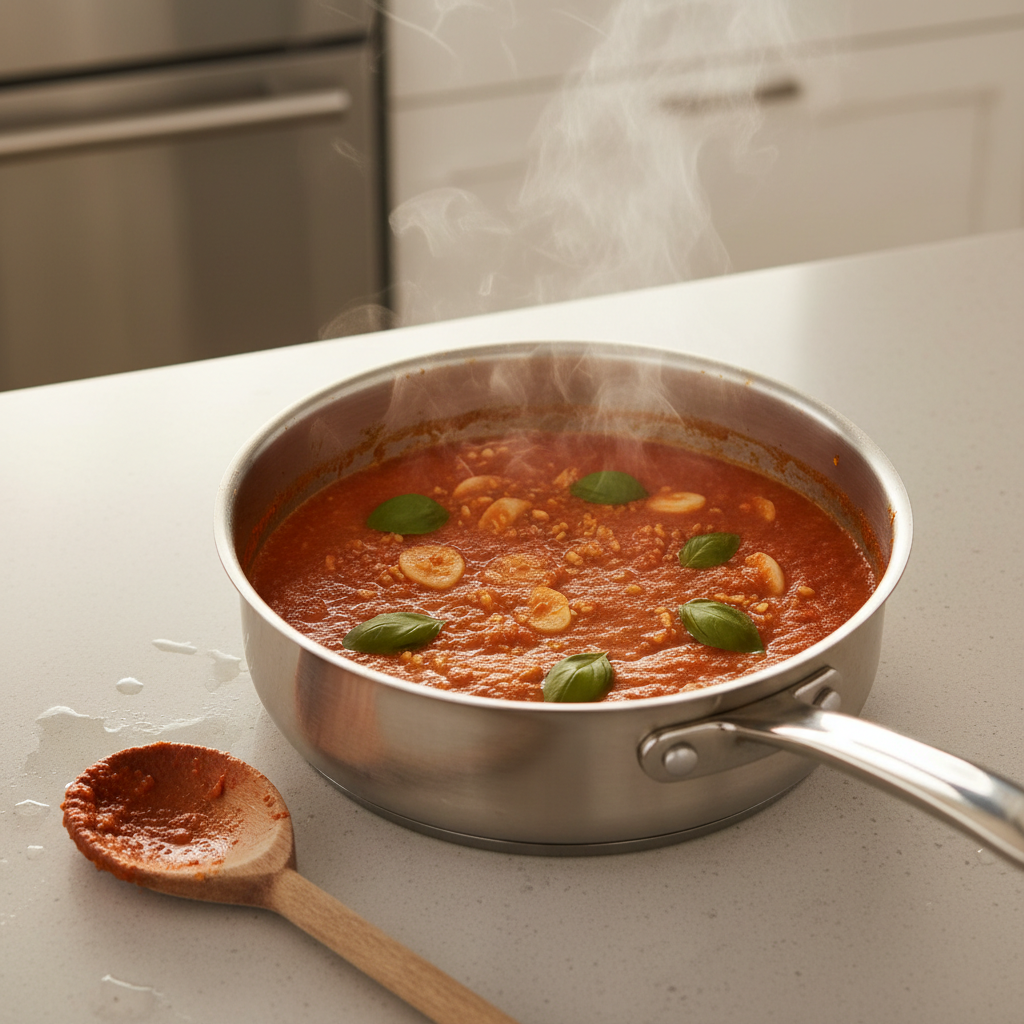 Saucepan of quick marinara sauce simmering with garlic and basil