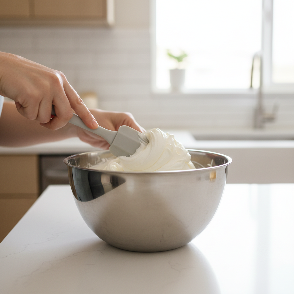 No-churn ice cream mixture being folded in a mixing bowl
