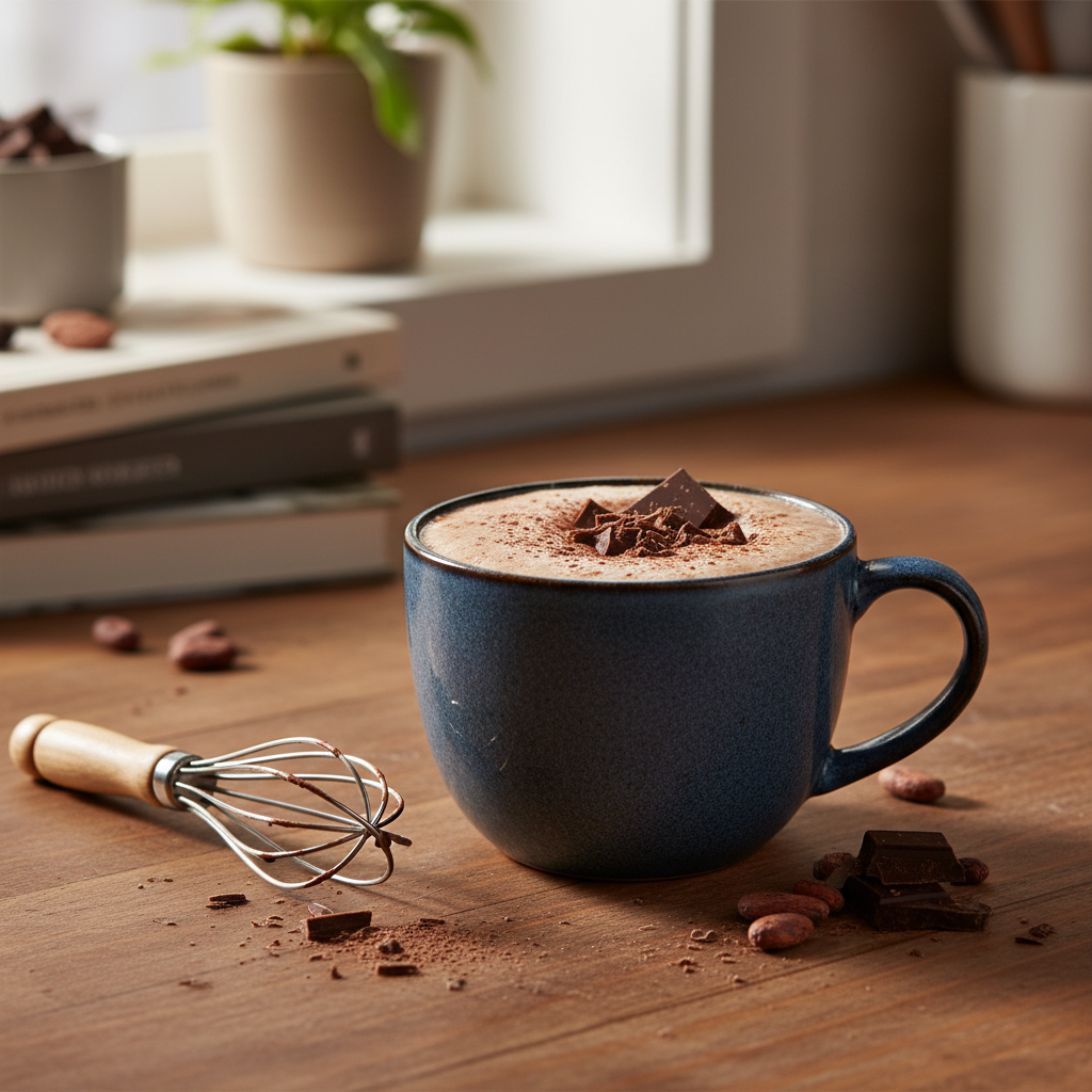 Creamy homemade hot cocoa in a mug with cocoa powder and chocolate shavings