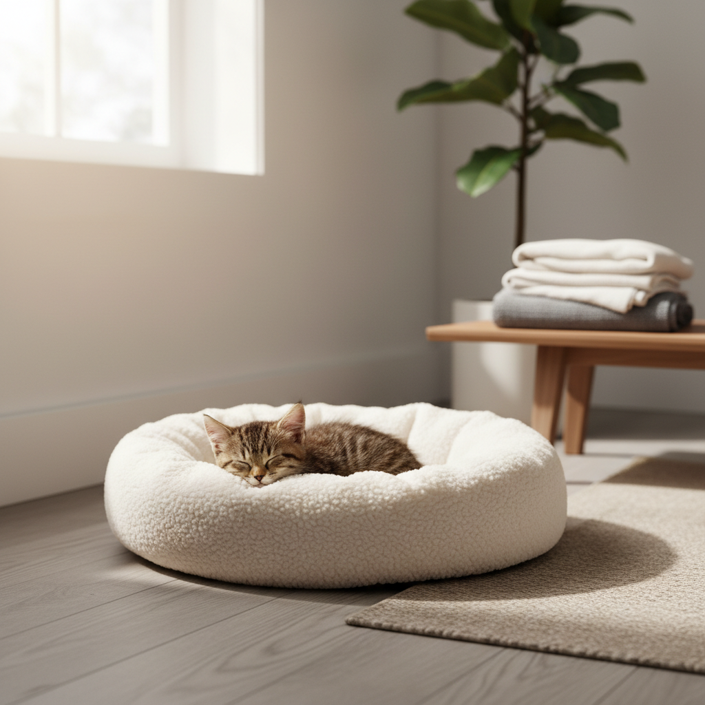 Kitten curled up in a soft fleece bed in a quiet indoor corner