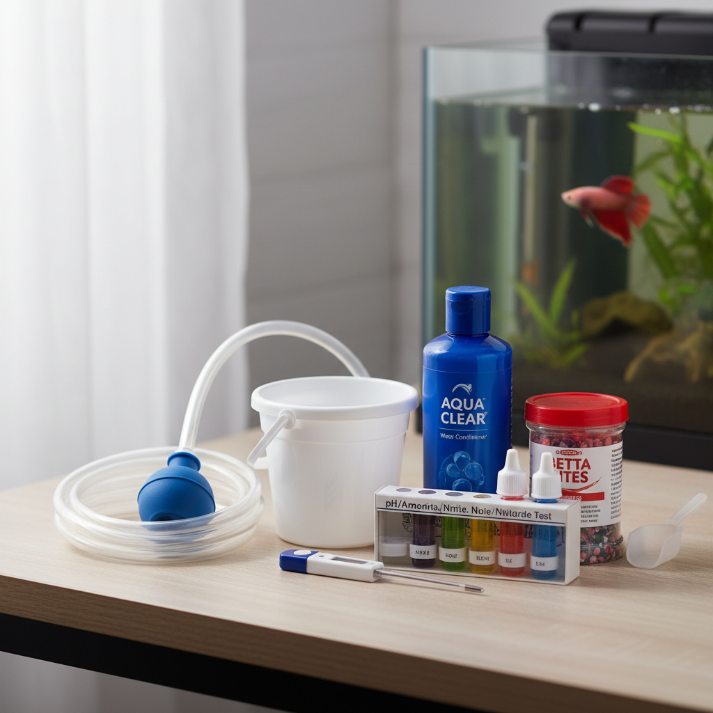 Desktop betta tank maintenance tools including siphon bucket water conditioner and test kit